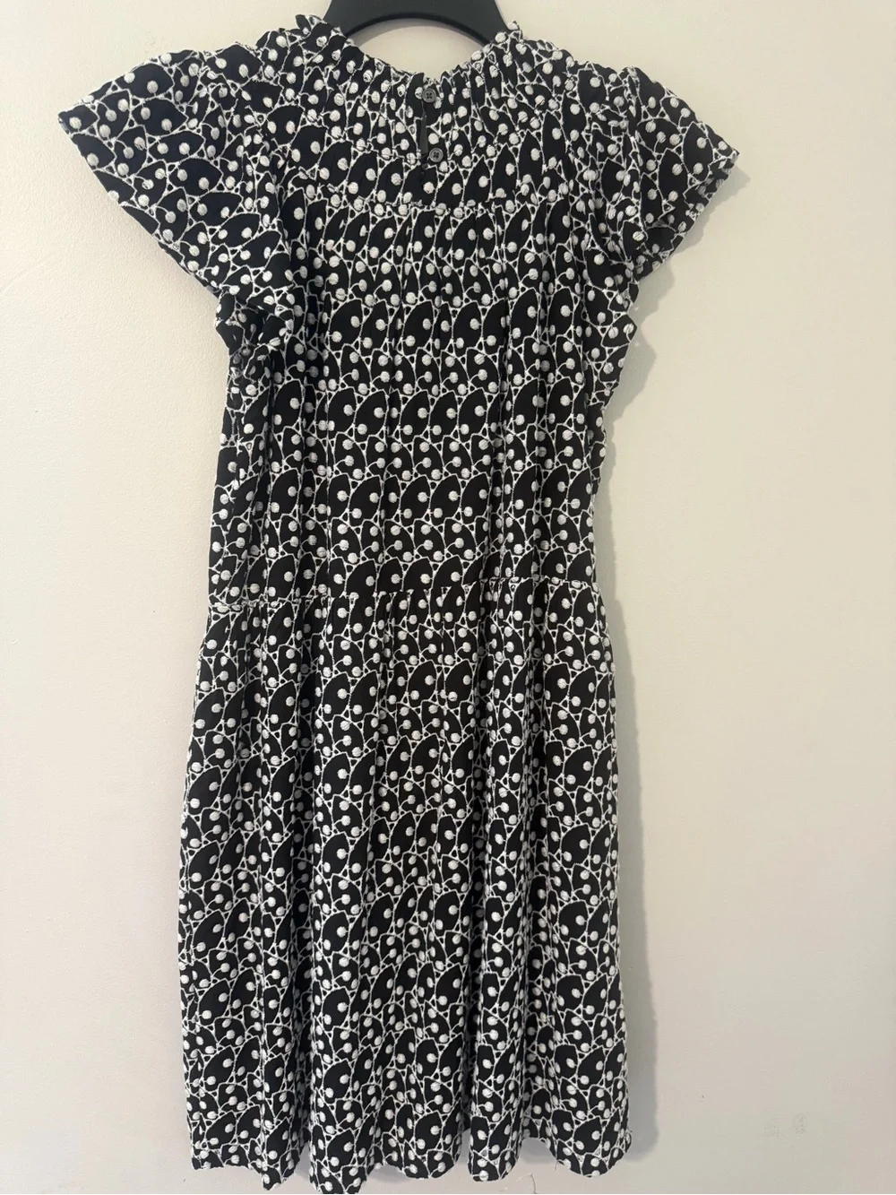 LOFT Black White Embroidery Eyelet Smocked Midi Dress flutter sleeve petite XS